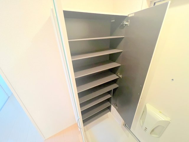収納　シューズボックスもあります。明るくシックなお部屋の入り口。
