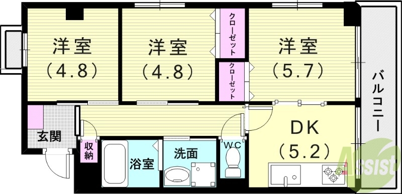 神戸市須磨区磯馴町のマンションの間取り