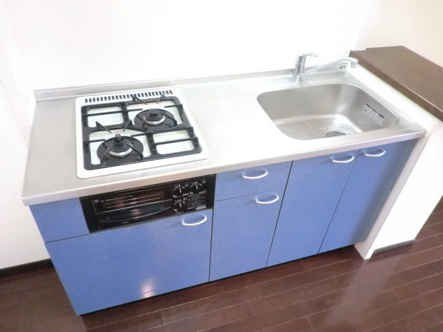 キッチン　システムキッチン。横に冷蔵庫スペース、カウンターがあります。