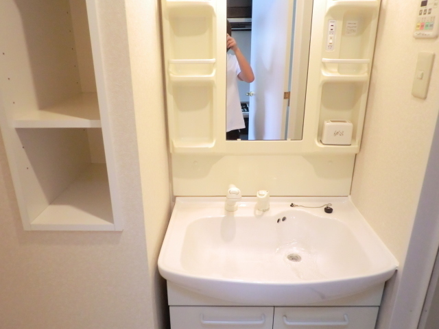 洗面設備　シャンプードレッサー。横に物置棚があって便利