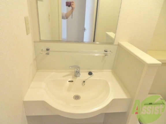 洗面設備　シャワーノズル付きの洗面台は、きれいで広くて使い易いです。