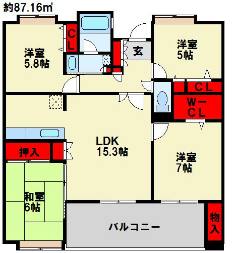 【北九州市小倉北区木町のマンションの間取り】