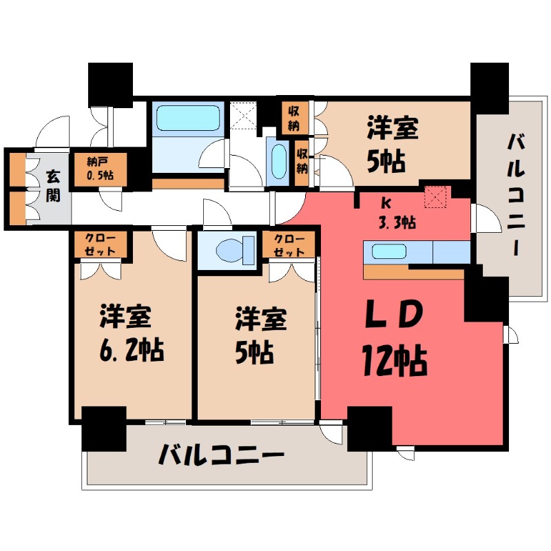 宇都宮市馬場通りのマンションの間取り