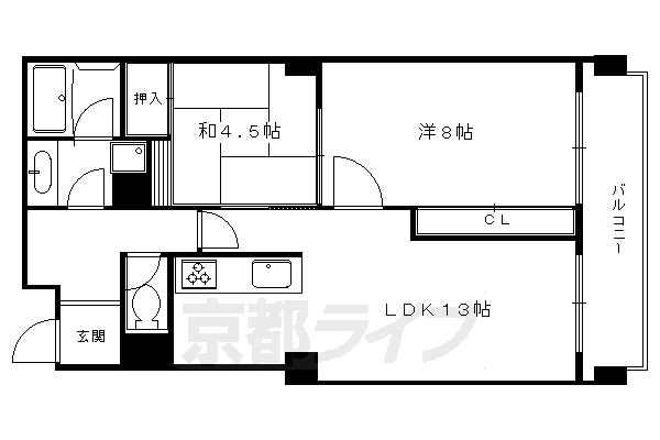 京都市左京区北白川山田町のマンションの間取り