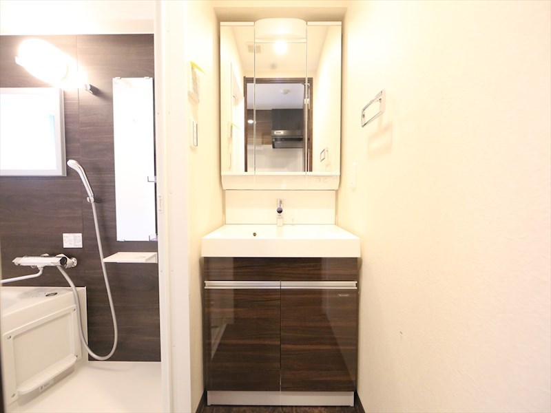 洗面設備　脱衣所　独立洗面台（シャンプードレッサー付）収納スペース有
