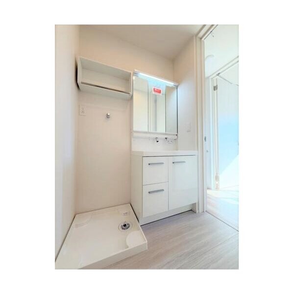 洗面設備　収納豊富な3面鏡タイプのシャワー付き独立洗面台