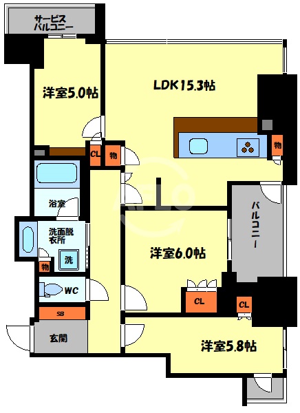 大阪市中央区瓦町のマンションの間取り