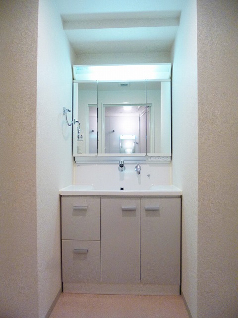 洗面設備　パークアクシス元浅草ステージの三面鏡付ハンドシャワー付独立洗