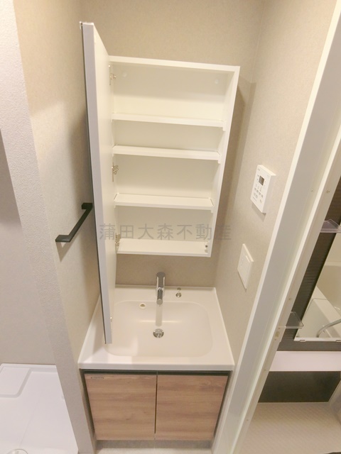 洗面設備　2面鏡の独立洗面台　洗面脱衣所　鏡内収納スペース付き