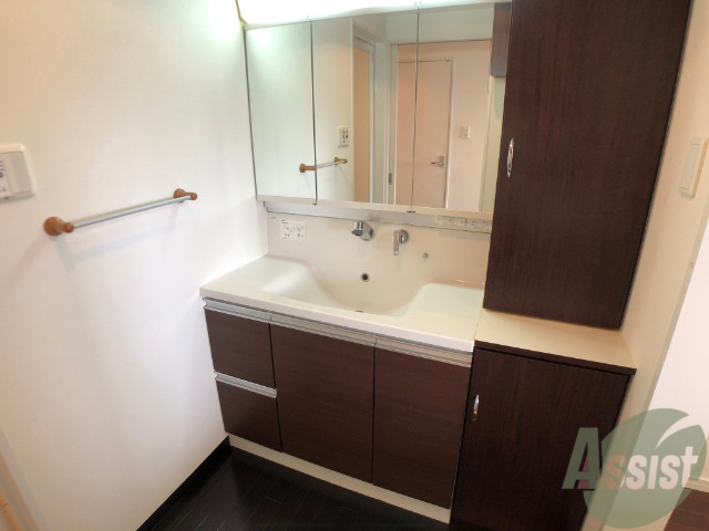 洗面設備　シャンプードレッサー。すぐ横に収納もあります。