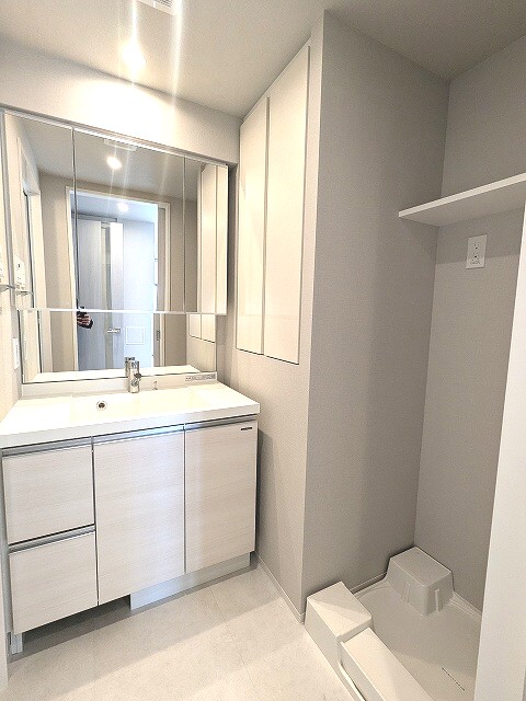 洗面設備　三面鏡付・ハンドシャワー付の独立洗面台、洗面台下にヘルスメー