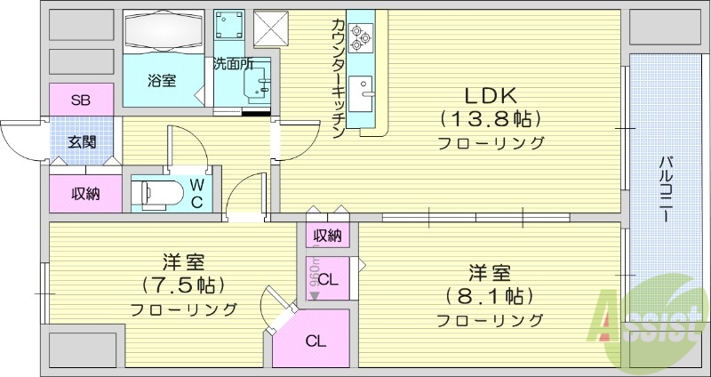 【仙台市宮城野区苦竹のマンションの間取り】