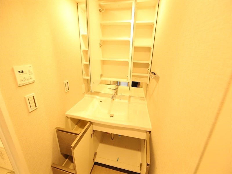 洗面設備　脱衣所　独立洗面台（シャンプードレッサー付）収納スペース有