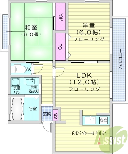 仙台市青葉区落合のアパートの間取り