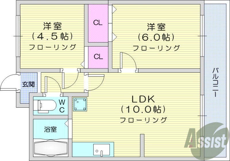 仙台市若林区六丁の目北町のアパートの間取り