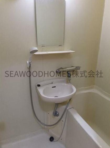 洗面設備　洗面台と鏡があり身だしなみを整えられます