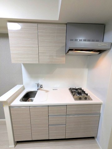キッチン　ガス2口システムキッチン、料理しやすいシンクカバー付、豊富な