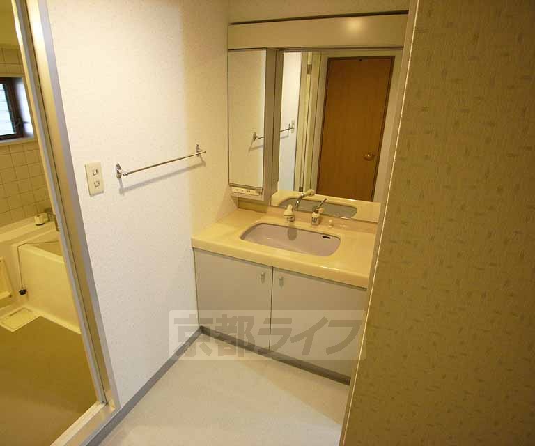 洗面設備　二人でも使えるほどのサイズです