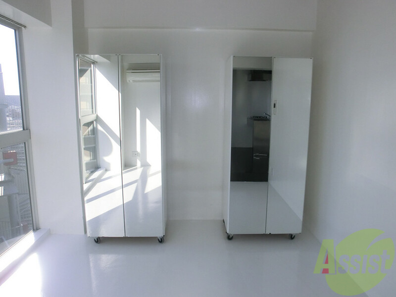 収納　鏡張りの収納、お出かけ前に身だしなみチェックできますね