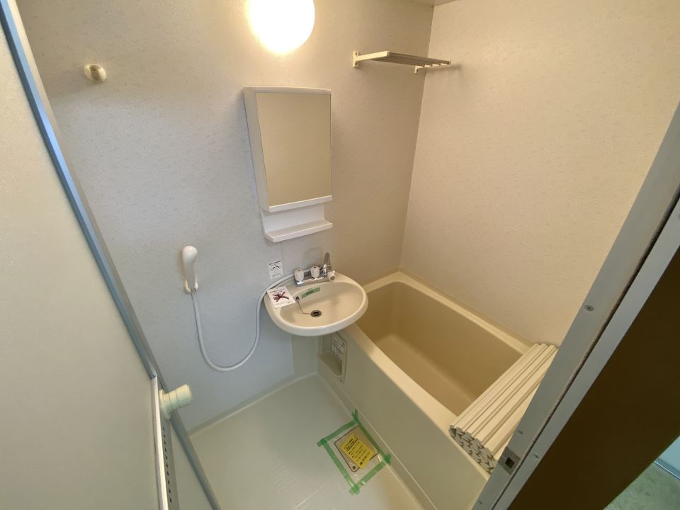 バス・シャワールーム　洗面ボールと鏡付きバスルームです
