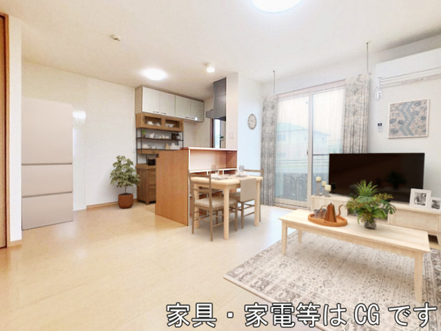 居室・リビング　ＬＤＫ（照明、エアコン付き）※　家具・家電等はＣＧです。