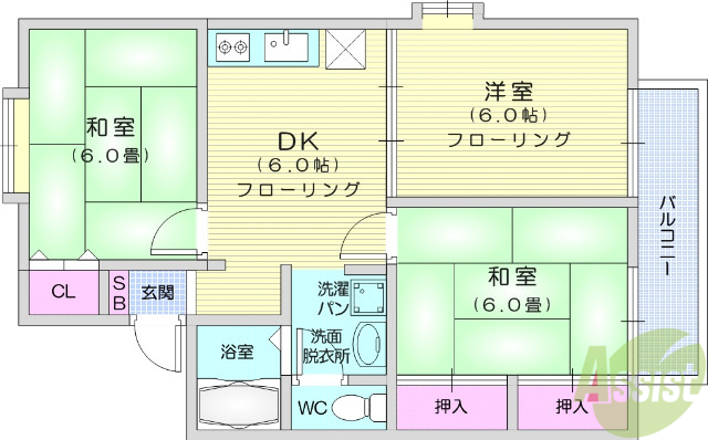 仙台市若林区沖野のアパートの間取り