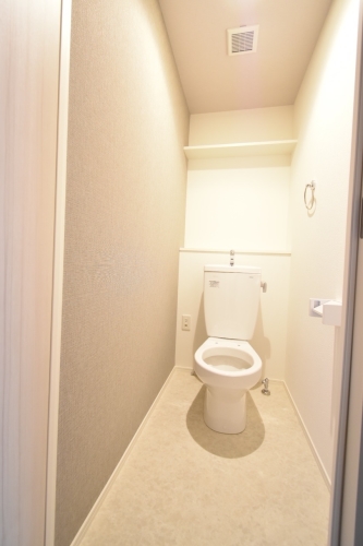 トイレ　洗浄便座完備・収納棚付き。