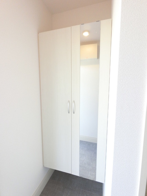 玄関　広めのＢｏｘは収納力ばっちり。トールタイプのミラーついてます