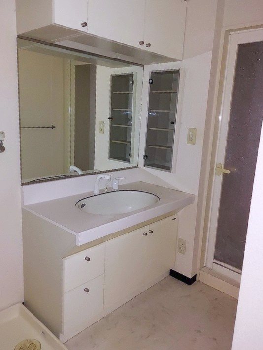 洗面設備　洗面脱衣室洗面化粧台　シャワー水栓　大きな洗面化粧　　洗濯機