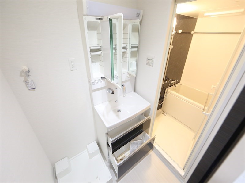 洗面設備　脱衣所　独立洗面台（シャンプードレッサー付）収納スペース有