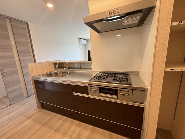 キッチン　シックな色合いのシステムキッチンです！たっぷり収納できるシス
