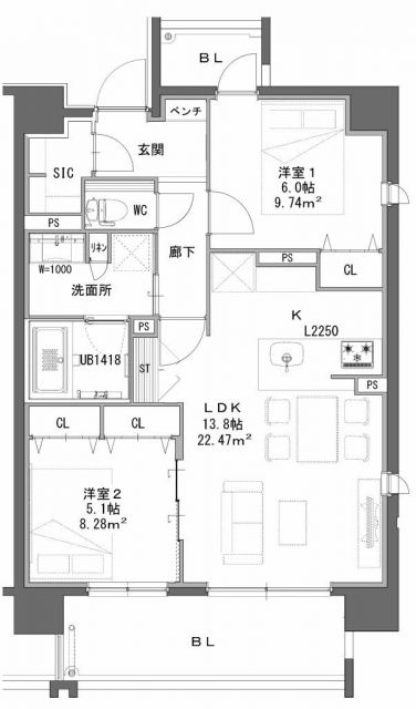 福岡市城南区別府のマンションの間取り