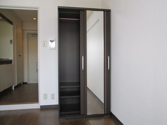 収納　鏡付きの収納がついて洋服は全てこちらにしまえます