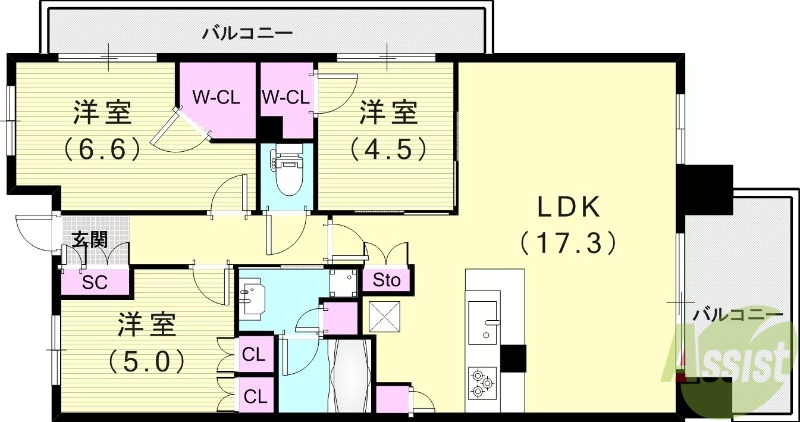 神戸市灘区灘北通のマンションの間取り