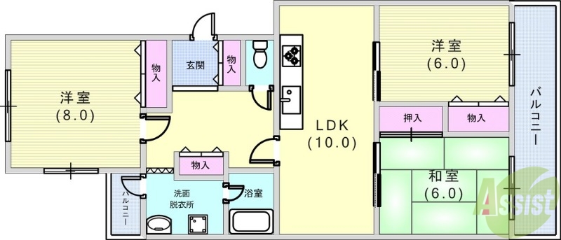 神戸市東灘区西岡本のマンションの間取り