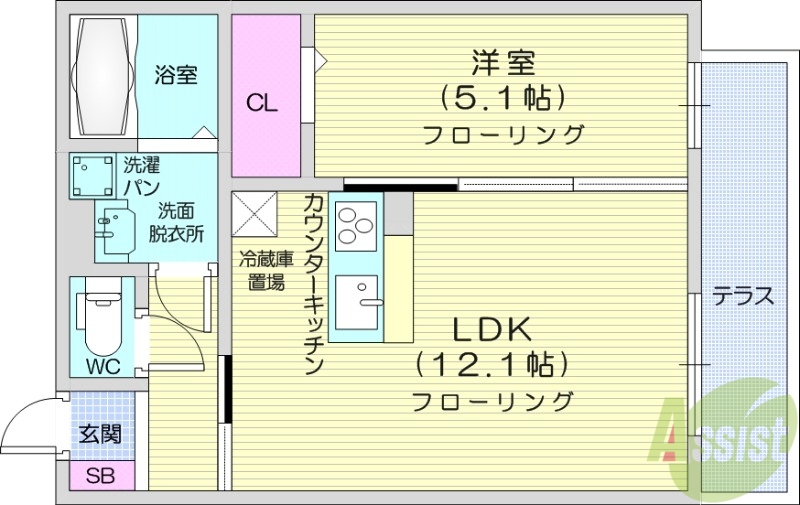 仙台市若林区二軒茶屋のアパートの間取り