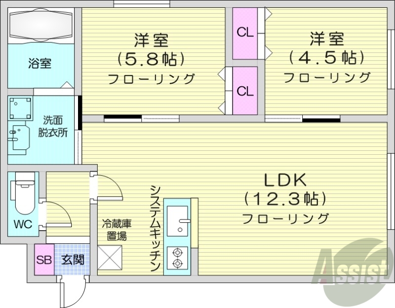 札幌市豊平区中の島一条のマンションの間取り