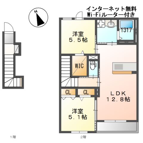 姫路市飾磨区蓼野町のアパートの間取り