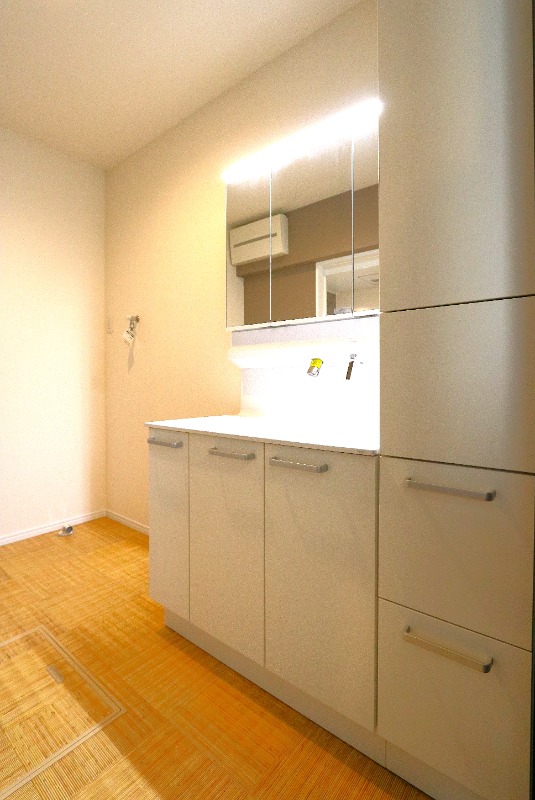 洗面設備　収納棚付きの洗面台です