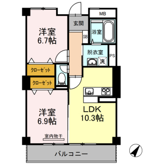 岡山市北区大安寺東町のアパートの間取り