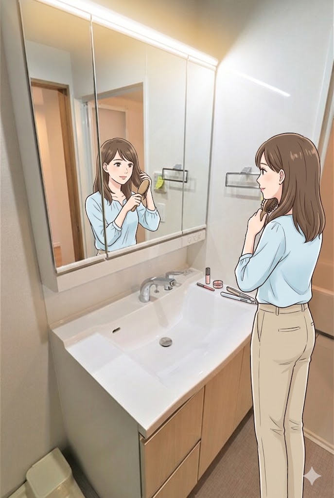 洗面設備　家族みんながスムーズに準備できる独立洗面台ございます