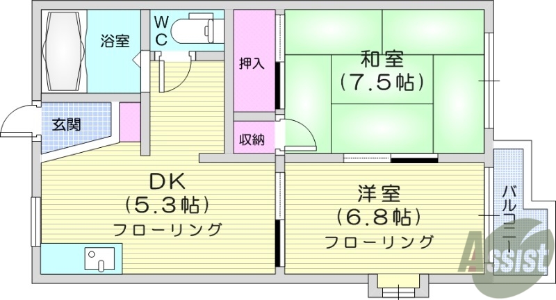 仙台市青葉区鷺ケ森のアパートの間取り