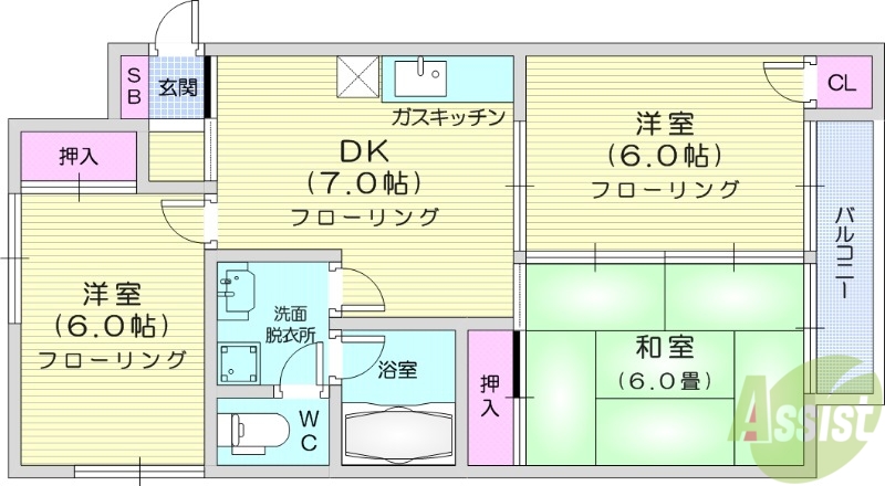 仙台市宮城野区高砂のアパートの間取り