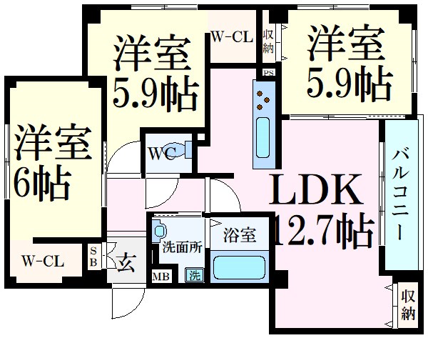 姫路市飾磨区細江のマンションの間取り