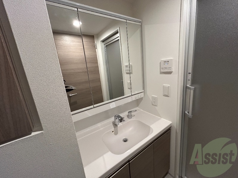 洗面設備　独立洗面台がございます。大きな鏡とたくさんの収納が特徴。