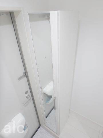 玄関　姿見鏡　中にはシューズボックス　大理石風玄関