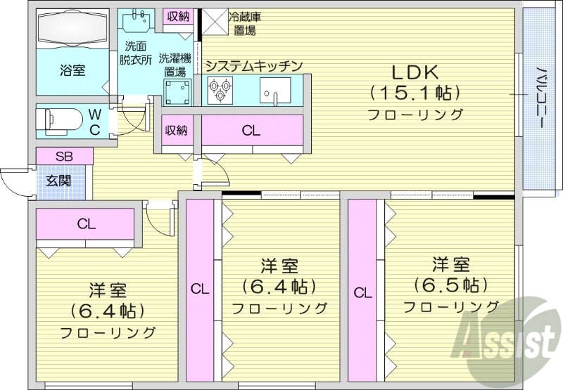 【札幌市中央区南十五条西のマンションの間取り】