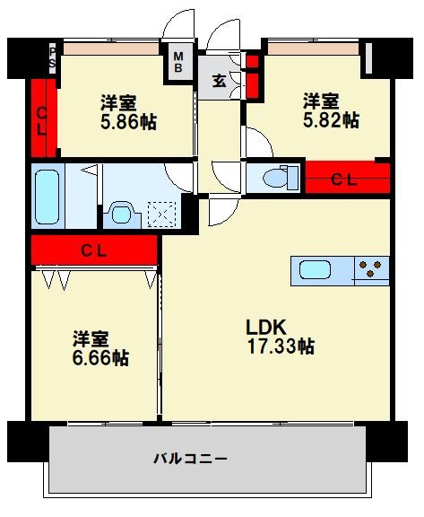 北九州市八幡東区荒生田のマンションの間取り