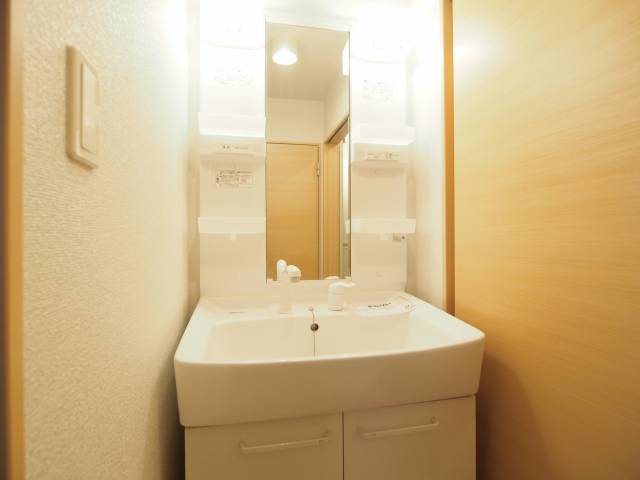 洗面設備　シャワー付きで便利です。
