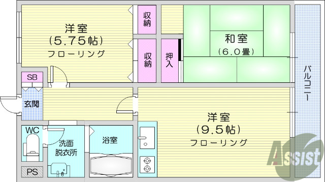 仙台市宮城野区岩切のマンションの間取り